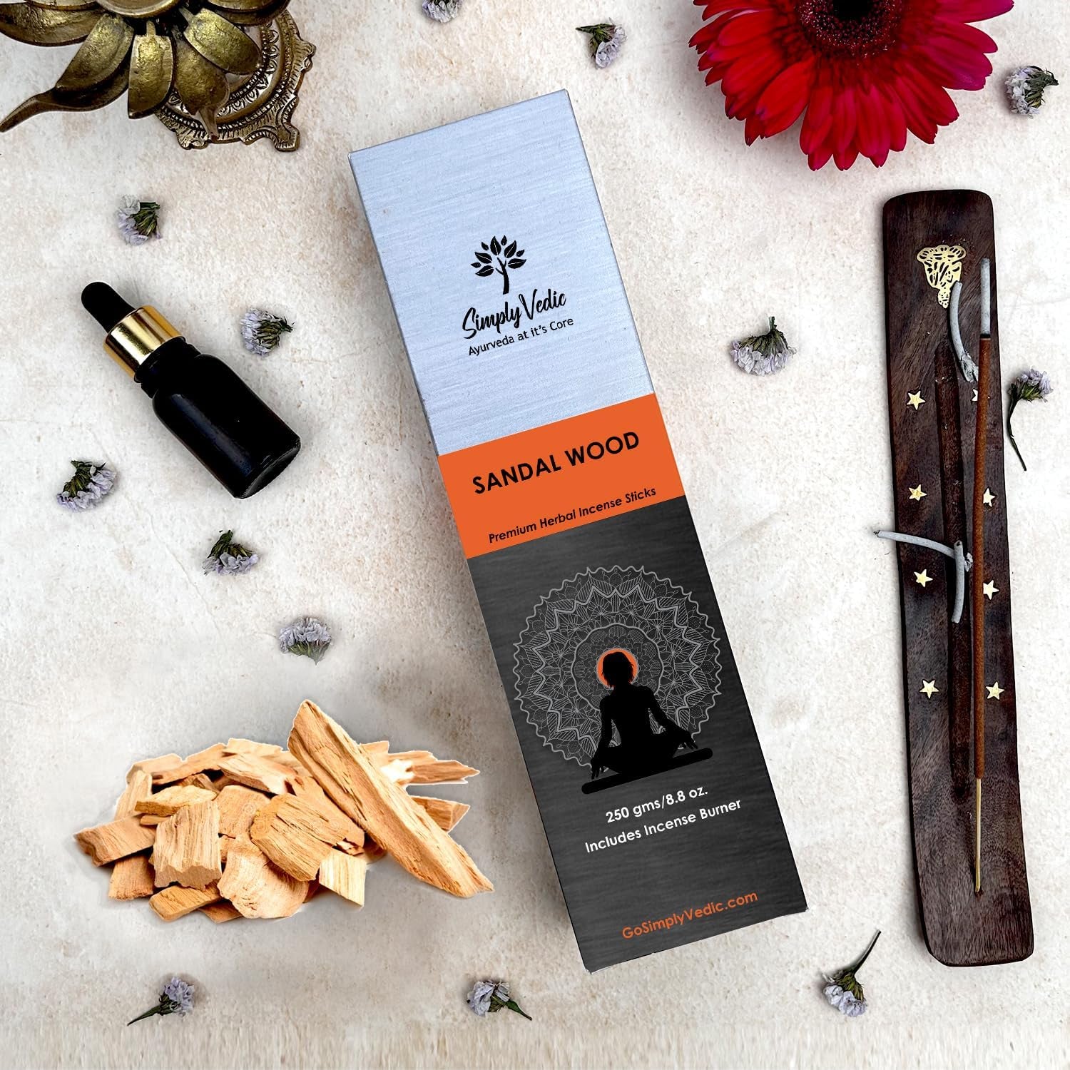 Vedic Sandalwood Incense Sticks 250G (Approx. 135 Handmade Sticks) with Complimentary Holder | 45-Minute Burn Time | Natural Charcoal-Free Agarbatti for Meditation, Yoga, Aromatherapy, and Relaxation