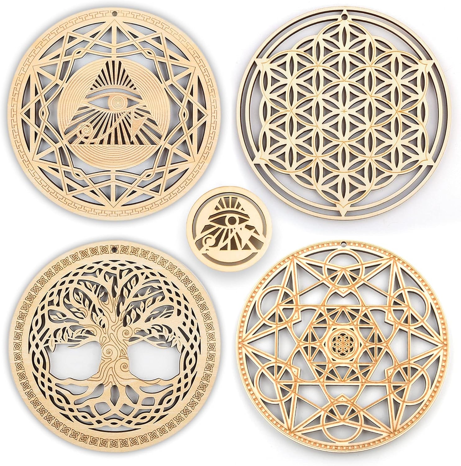 5.31" Sacred Geometry Wall Art Set of 4 (Eye of Horus, Flower of Life, Tree of Life, Metatron's Cube) - Crystal Grid Meditation and Chakra Wooden Decor for Yoga and Spiritual Gifting