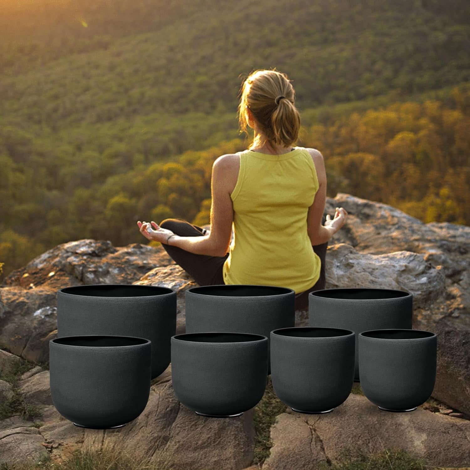 Ryan Dvan 7-12 Inch Frosted Quartz Crystal Singing Bowl Set for Sound Therapy with Mallets, Cases, and O-Ring for Yoga, Meditation, Energy Balancing, and Reiki Healing