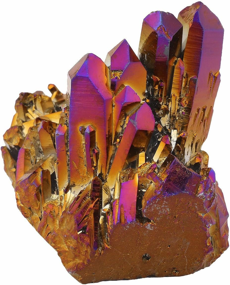 Mookaitedecor Titanium-Coated Natural Rock Crystal Cluster Geode Specimen in Purple and Gold