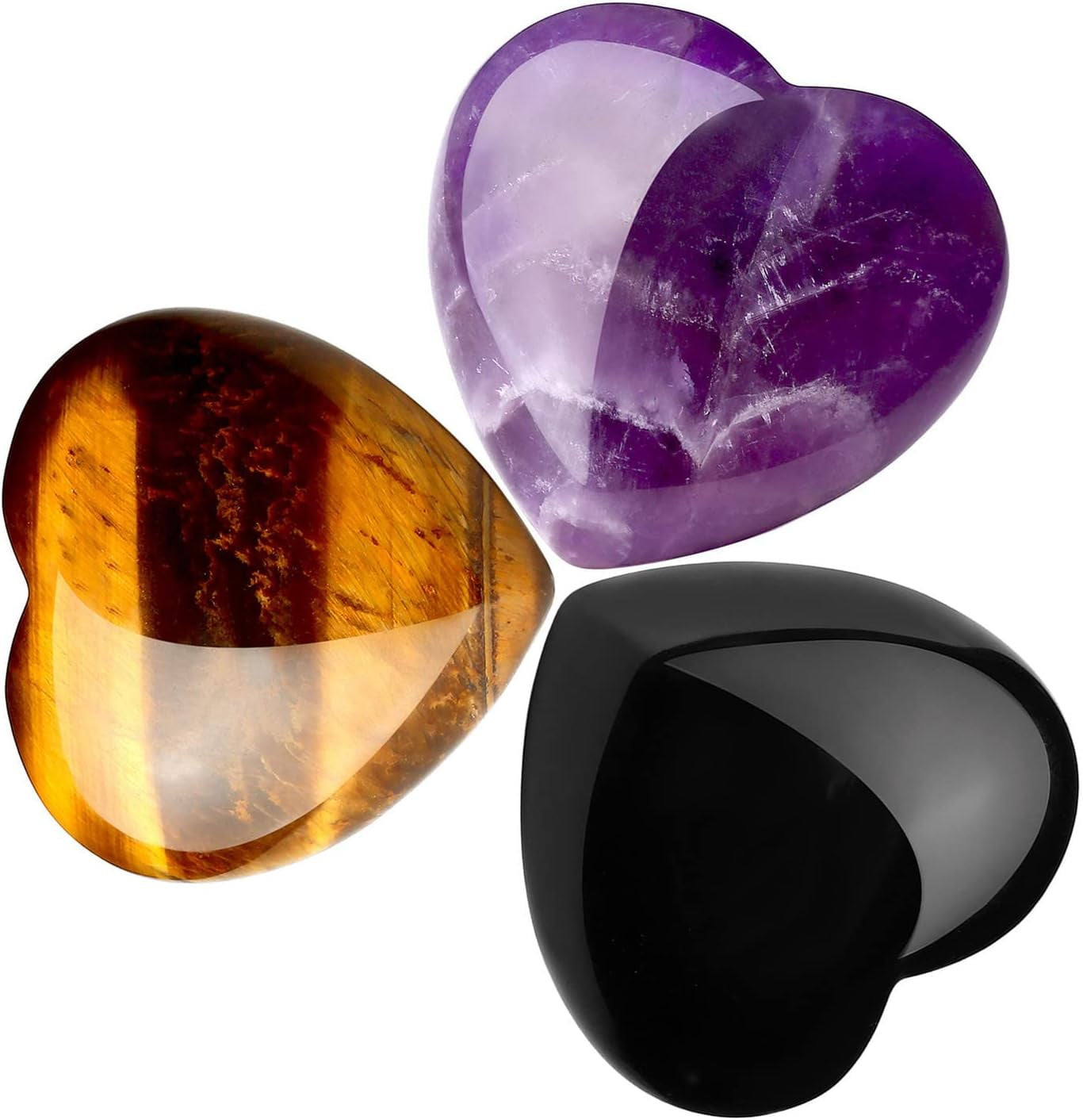 QINJIEJIE Set of 3 Large 1.2" Heart-Shaped Healing Crystals: Amethyst, Obsidian, and Tiger's Eye for Reiki Energy Balancing and Therapeutic Use