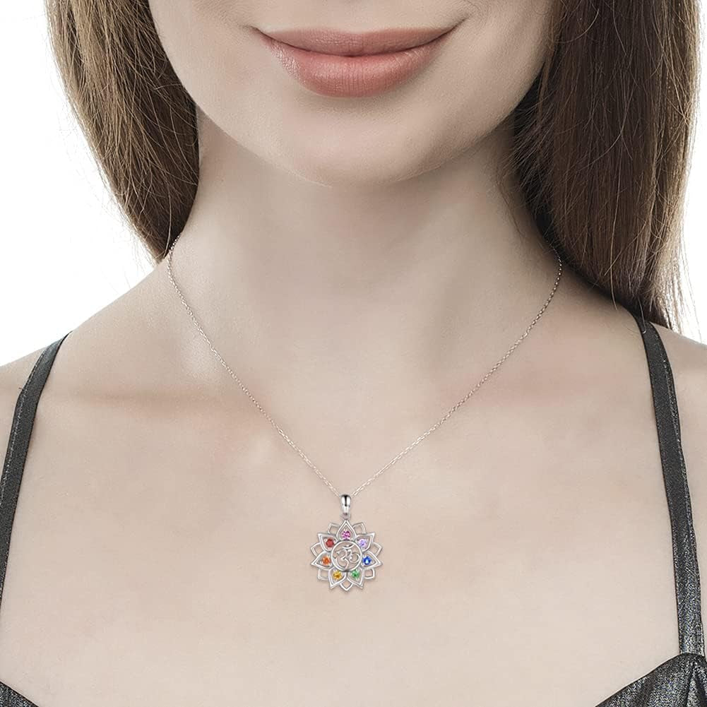 Chakra Yoga Lotus Flower Necklace in 925 Sterling Silver with Om Symbol and Crystal Pendant - Spiritual Jewelry Gift for Women