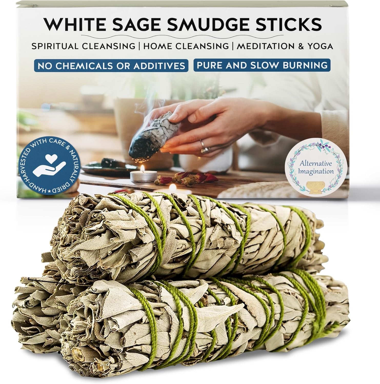 Alternative Imagination White Sage Smudge Stick Set – 3-Pack of 4-Inch Bundles for Home Cleansing, Meditation, Energy Clearing, and Spiritual Practices